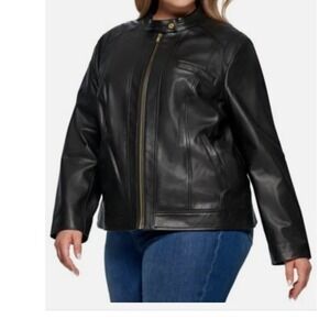COLE HAAN Women's Plus Stand-Collar Leather Moto Coat Black Sz 3x Sz 22w/24w NWT